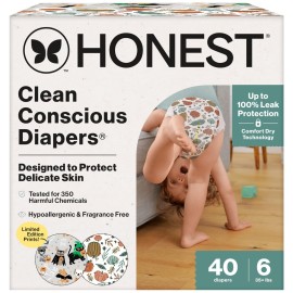 The Honest Company Clean Conscious Diapers for Delicate Skin | Up to 100% Leakproof | Hypoallergenic, Fragrance Free | Fall \'25 Limited Edition Prints | Club Box, Size 6 (35+ lbs), 40 Count