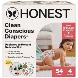The Honest Company Clean Conscious Diapers for Delicate Skin | Up to 100% Leakproof | Hypoallergenic, Fragrance Free | Fall \'25 Limited Edition Prints | Club Box, Size 4 (22-37 lbs), 54 Count