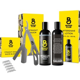 Beard Club Straight Razor for Men & Aftershave for Men - Soothing After Shave Lotion & Navajas Para Barbero - Barber Straight Edge Razor Kit with Post Shave Balm Calms Irritation, 5 Blades - Gift Kit
