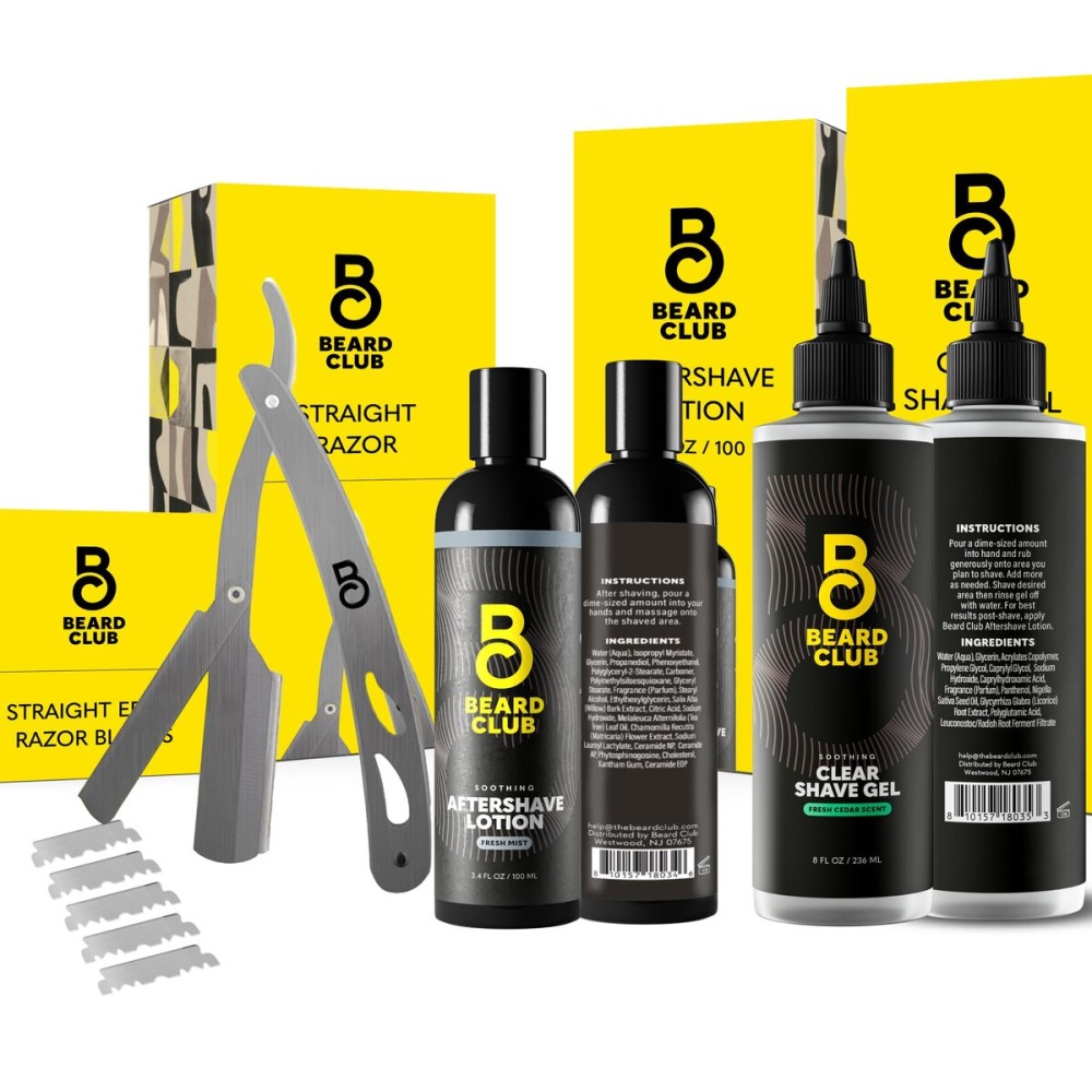 Beard Club Straight Razor for Men, Shaving Gel & Aftershave for Men - Hydrating Mens Shave Cream, Soothing After Shave Lotion & Navajas Para Barbero - Barber Straight Edge Razor Kit - Gift Kit