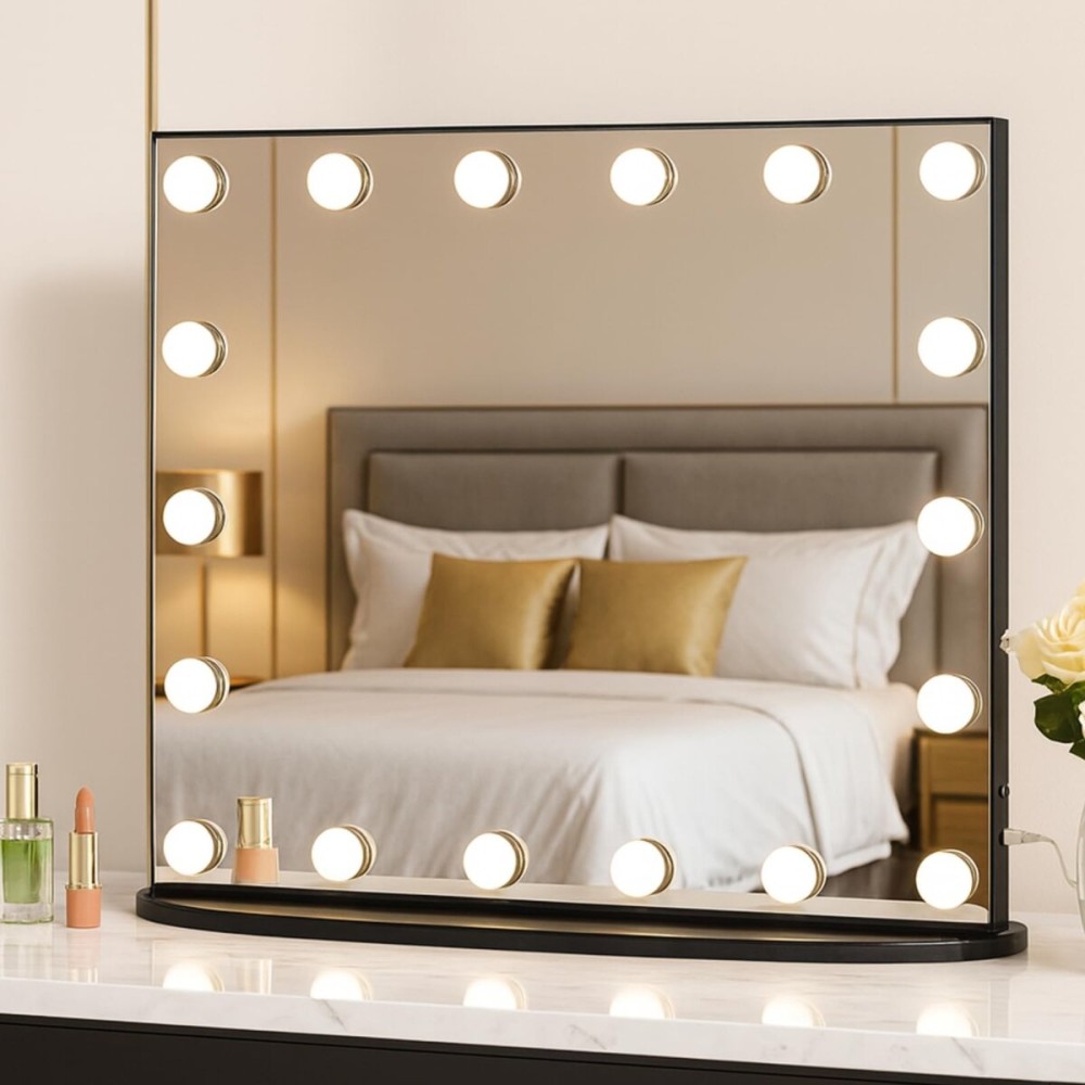 LUXFURNI 23.6 x 20.5 Hollywood Vanity Mirror with Lights, Light Up Makeup Mirror with 18 LED Bulbs for Bedroom, 3 Color Lighting Modes, Tabletop & Wall Mount, Black