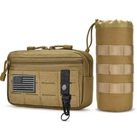 Upgraded Tactical Drawstring Molle Water Bottle Holder Tactical Pouches (Tan-2pack)