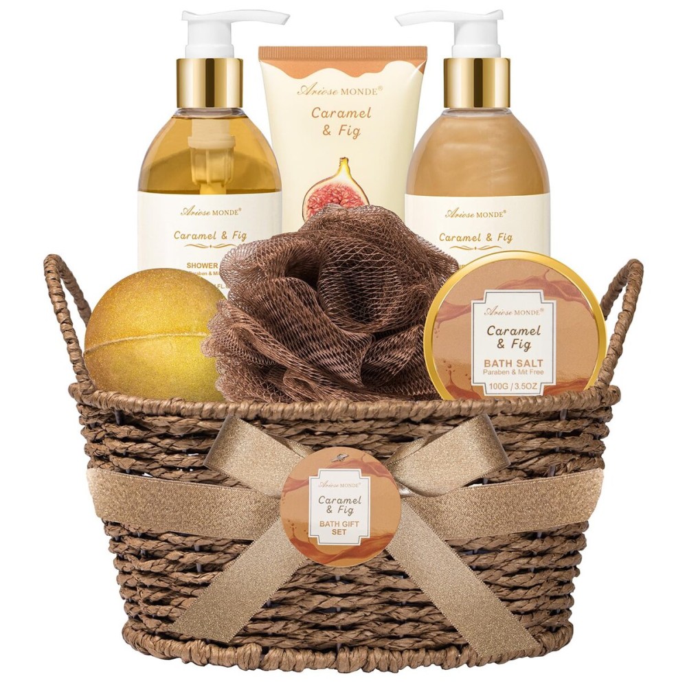 Christmas Gifts for Women Spa Baskets for Women Gift, Warm Caramel & Fig Bath Gift Set with Shower Gel Self Care Pampering Gifts for Mothers Day, Birthday, Anniversary Gift