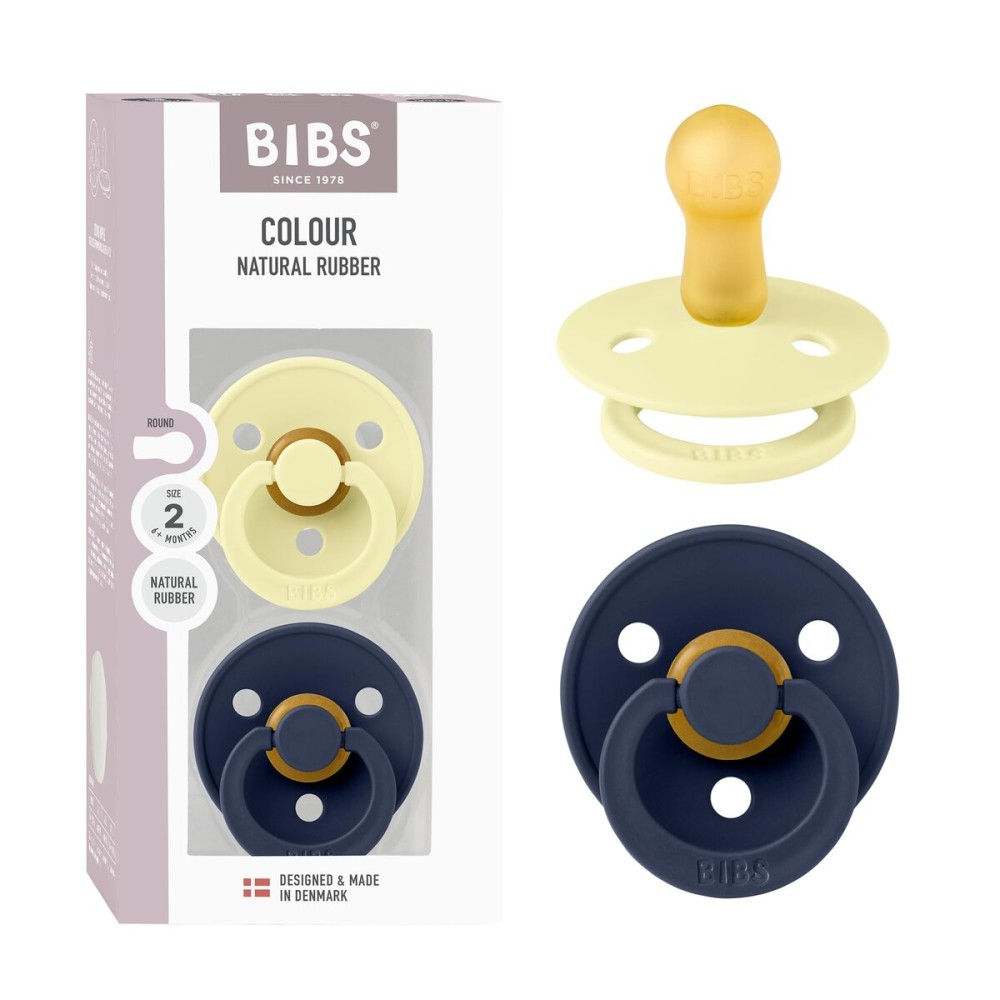 Bibs Colour Pacifier 2-Pack, BPA Free, Round Nipple. Natural Rubber Latex, Made in Denmark, Size 1 (0-6 Months) - Luna/Deep Space
