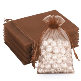 G2PLUS Brown Organza Bags 4x6 In - 100PCS Drawstring Organza Bags, Sheer Mesh Jewelry Pouches, Candy Gift Wrap Pouch for Halloween, Christmas, Wedding Party Favors
