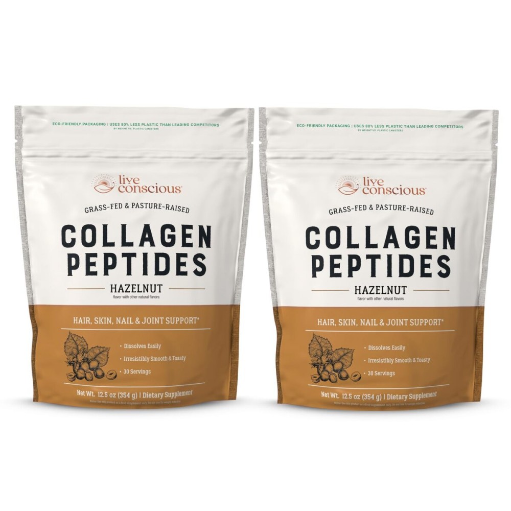 Live Conscious Collagen Peptides Powder - Hazelnut Collagen Powder - Hair, Skin, Nail, & Joint Support - Type I & III Grass-Fed Collagen Supplements for Women and Men - 30 Servings (2-Pack) - 12.4oz