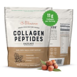 Live Conscious Collagen Peptides Powder - Hazelnut Flavored Collagen Powder - Hair, Skin, Nail, & Joint Support - Type I & III Grass-Fed Collagen Supplements for Women and Men - 30 Serving - 12.4oz