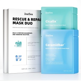 ZealSea Cicalix & Ceramidbar Face Masks Skincare Set, Derm Solution Sheet Mask for Multi-Trigger Sensitivity, Soothing & Calming, Strengthen & Restore Skin, Facial Mask with Cica & Ceramide, 16 Pack