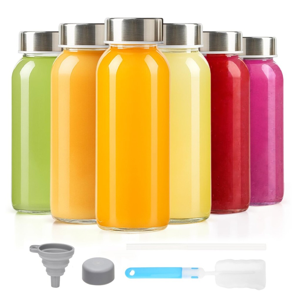 Zukro Glass Juice Bottles 10.5 oz, 6 Pack Reusable Small Clear Water Container With Stainless Steel Lids & Straw for Juicing, Smoothie, Travel, Homemade Drinks, Fridge, Leak Proof & BPA Free