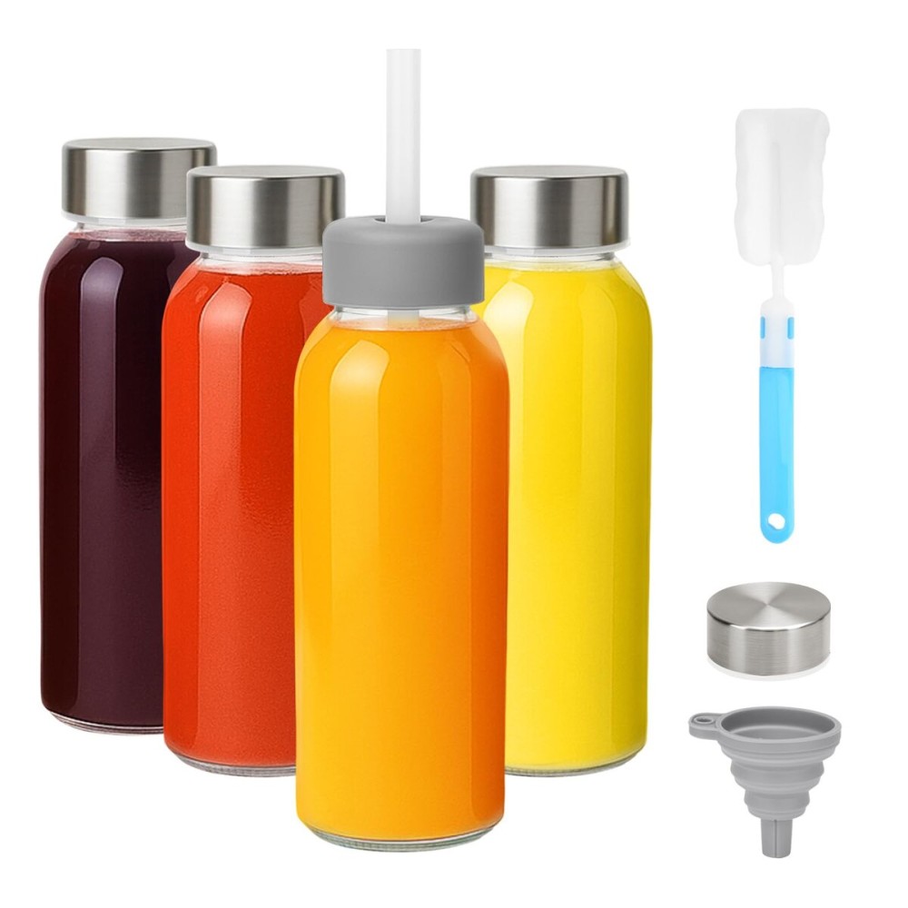 Zukro Glass Juice Bottles 10.5 oz, 4 Pack Reusable Small Clear Water Container With Stainless Steel Lids & Straw for Juicing, Smoothie, Travel, Homemade Drinks, Fridge, Leak Proof & BPA Free