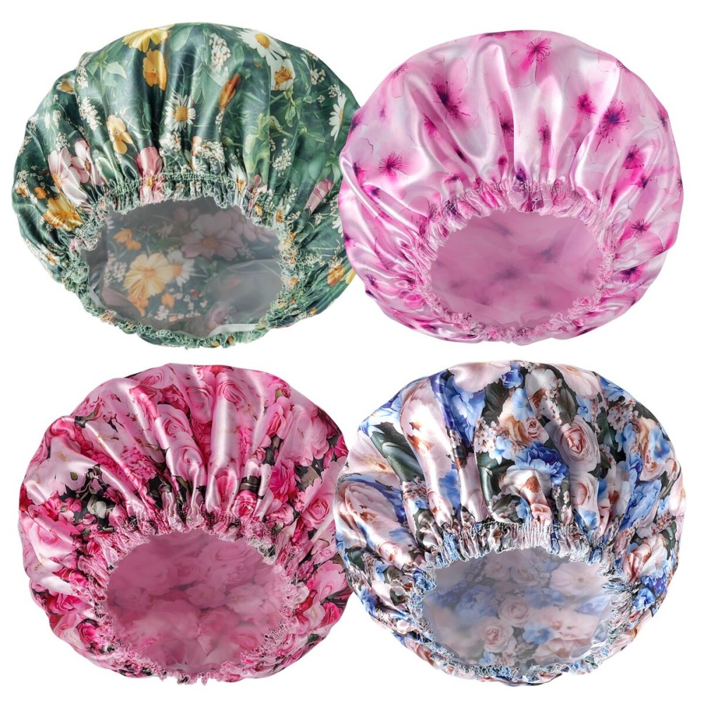 4 PCS Shower Caps for Women, Printing Bath Caps, Double Layers Shower Cap Reusable Waterproof, Bathing Shower Caps, Environmental Protection Hair Bath Hat - Flower B