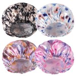 4 PCS Shower Caps for Women, Printing Bath Caps, Double Layers Shower Cap Reusable Waterproof, Bathing Shower Caps, Environmental Protection Hair Bath Hat - Flower C