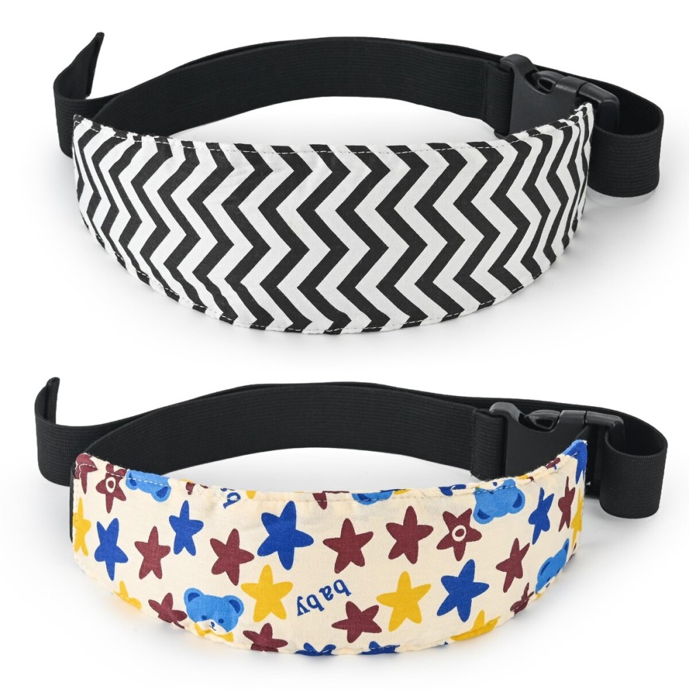 Luckyiren 2-Pack Baby Car Seat Head Support Strap Set, Minimalist Beige Stars and Stripes Pattern, Cotton, Machine Washable, 8.4x4x1.1 Inches