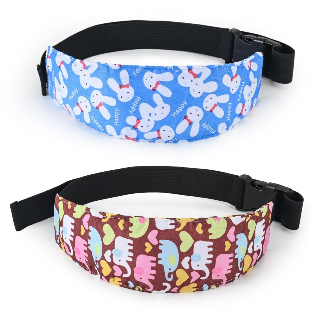 Luckyiren Forest Animal Baby Head Support Strap, 2-Pack Cotton Car Seat Neck Band with Elephant & Bunny Design, Coffee & Blue, 8.4x4x1.1 Inch, Machine Washable