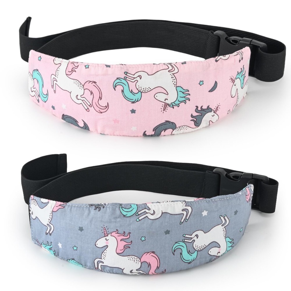 Luckyiren Fantasy Unicorn Baby Car Seat Head Support Strap, Pink & Grey, Cotton, 2 Pack, Adjustable Headrest Band for Stroller, Infant to Toddler