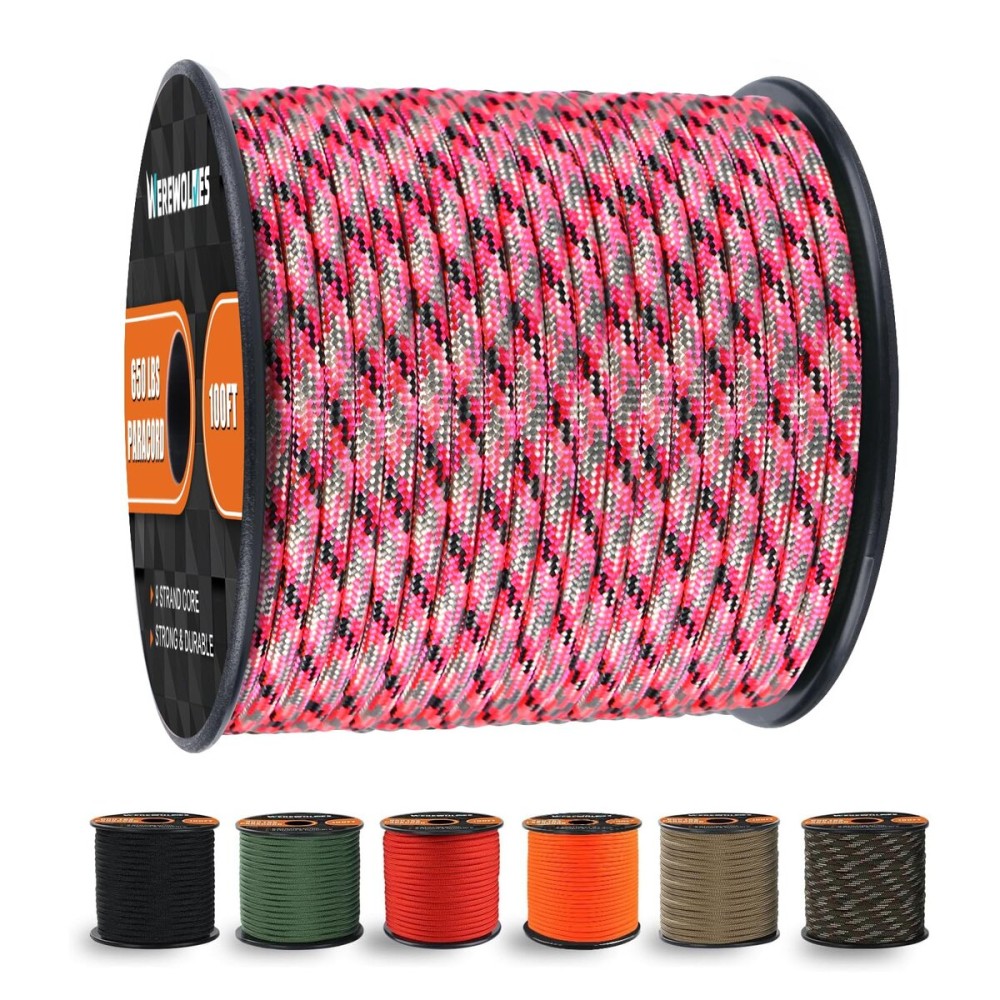 WEREWOLVES 650lb Paracord/Parachute Cord - 9 Strand Paracord Rope - 100\', 200\' Spools of Parachute Cord, Type III Paracord for Camping, Survival (Pink-Grey camo, 100 Feet)