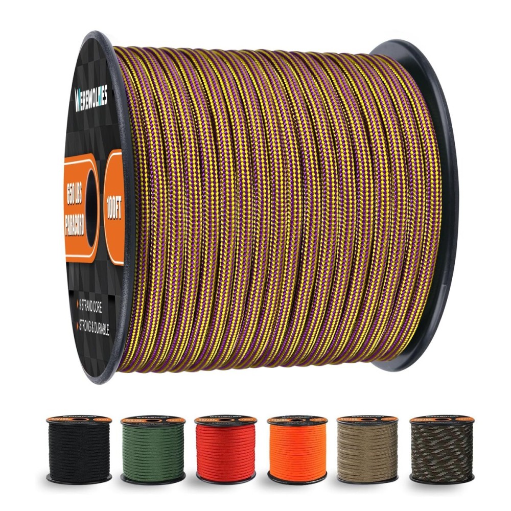 WEREWOLVES 650lb Paracord/Parachute Cord - 9 Strand Paracord Rope - 100\', 200\' Spools of Parachute Cord, Type III Paracord for Camping, Survival (Purple-Yellow camo, 100 Feet)
