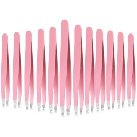 Mudder 12 Pcs Eyebrow Tweezers Set for Facial Hair Stainless Steel Slanted Tip Tweezers in Bulk for Men and Women (Pink)