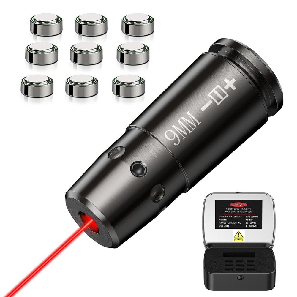 EZshoot 9mm Laser Bore Sighter 9 mm Red Laser Bore Sight with 9 pcs Batteries and Portable Tin Case