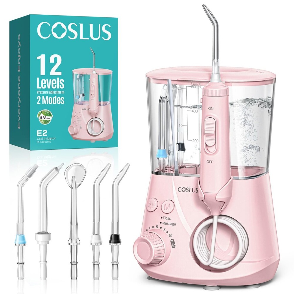 COSLUS Advanced Water Flosser for Teeth: 2 Modes & 12 Pressure Settings Electric Dental Pick for Orthodontic, Braces, Sensitive Gums - Home Use, 5 Jet Tips for Multiple Users, Family, Pink, E2
