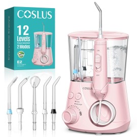 COSLUS Advanced Water Flosser for Teeth: 2 Modes & 12 Pressure Settings Electric Dental Pick for Orthodontic, Braces, Sensitive Gums - Home Use, 5 Jet Tips for Multiple Users, Family, Pink, E2