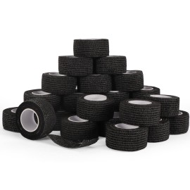 24 Rolls Elastic Self Adhesive Bandage Wrap 1 Inch, Breathable Non Woven Cohesive Bandage, Vet Wrap for Dogs, Ankle Sprains Swelling Medical First Aid Tape, Sports Athletic Tape Color Black