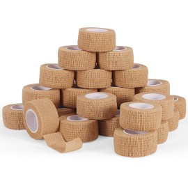 24 Rolls Elastic Self Adhesive Bandage Wrap 1 Inch, Breathable Non Woven Cohesive Bandage, Vet Wrap for Dogs, Ankle Sprains Swelling Medical First Aid Tape, Sports Athletic Tape (Brown)