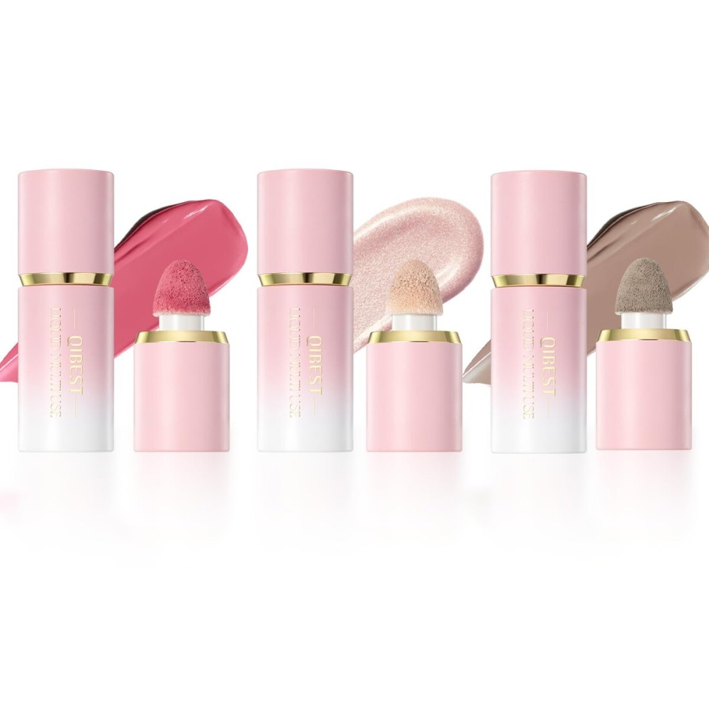 URQT 3PCS Highly Pigmented Liquid Contour - Built-in Sponge Tip Sculpted Complexion Wand Long Lasting Natural Buildable Highlighters Contouring Bronzer (Contour+Highlighter+Blush)