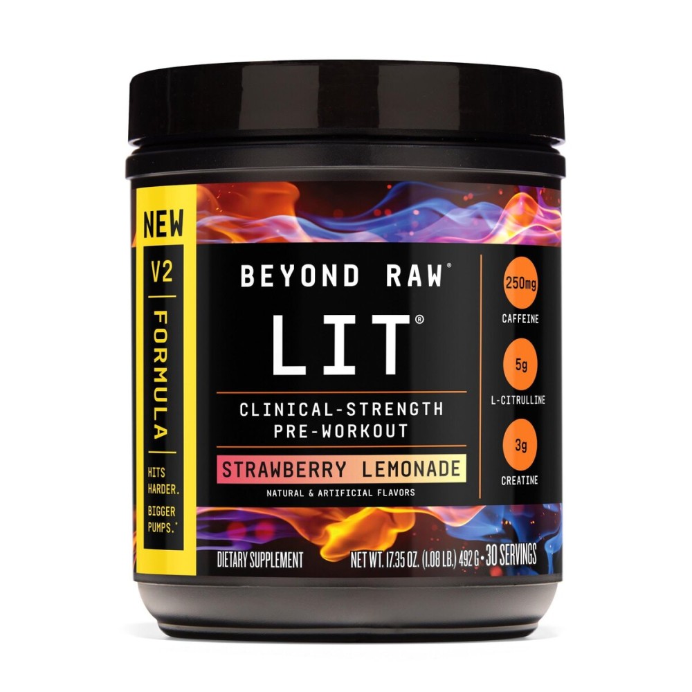 BEYOND RAW LIT V2 Clinical Strength Pre Workout Powder, Hits Harder, Bigger Pumps, Caffeine, L-Citrulline, Creatine, Strawberry Lemonade, 30 Servings