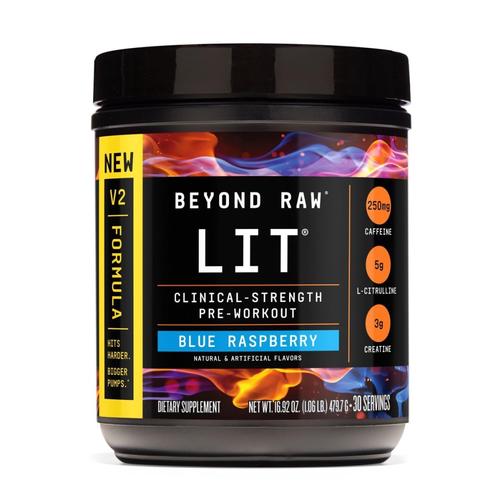 BEYOND RAW LIT V2 Clinical Strength Pre Workout Powder, Hits Harder, Bigger Pumps, Caffeine, L-Citrulline, Creatine, Blue Raspberry, 30 Servings