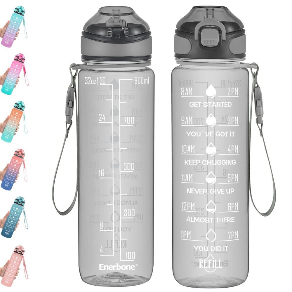 Enerbone 32 oz Water Bottle with Times to Drink and Straw, Motivational Drinking Water Bottles with Carrying Strap, Leakproof BPA & Toxic Free, Ensure You Drink Enough Water for Fitness Gym Outdoor