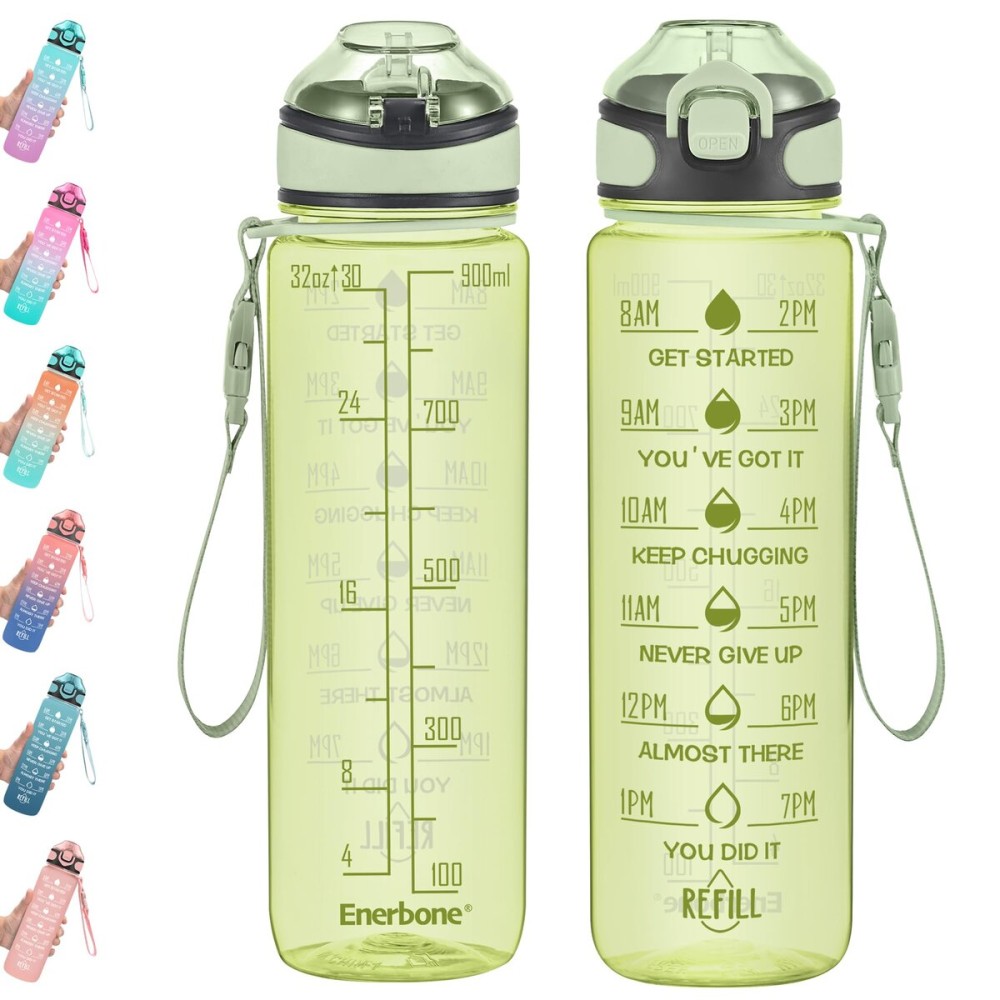 Enerbone 32 oz Water Bottle with Times to Drink and Straw, Motivational Drinking Water Bottles with Carrying Strap, Leakproof BPA & Toxic Free, Ensure You Drink Enough Water for Fitness Gym Outdoor