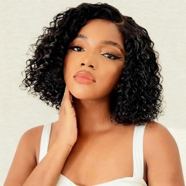 FIRIEYA Curly Bob Wig Human Hair 220 Density 13x4 HD Lace Front Wigs Human Hair Pre Plucked Deep Curly Glueless Short Bob Wigs for Women Natural Black 10 Inch