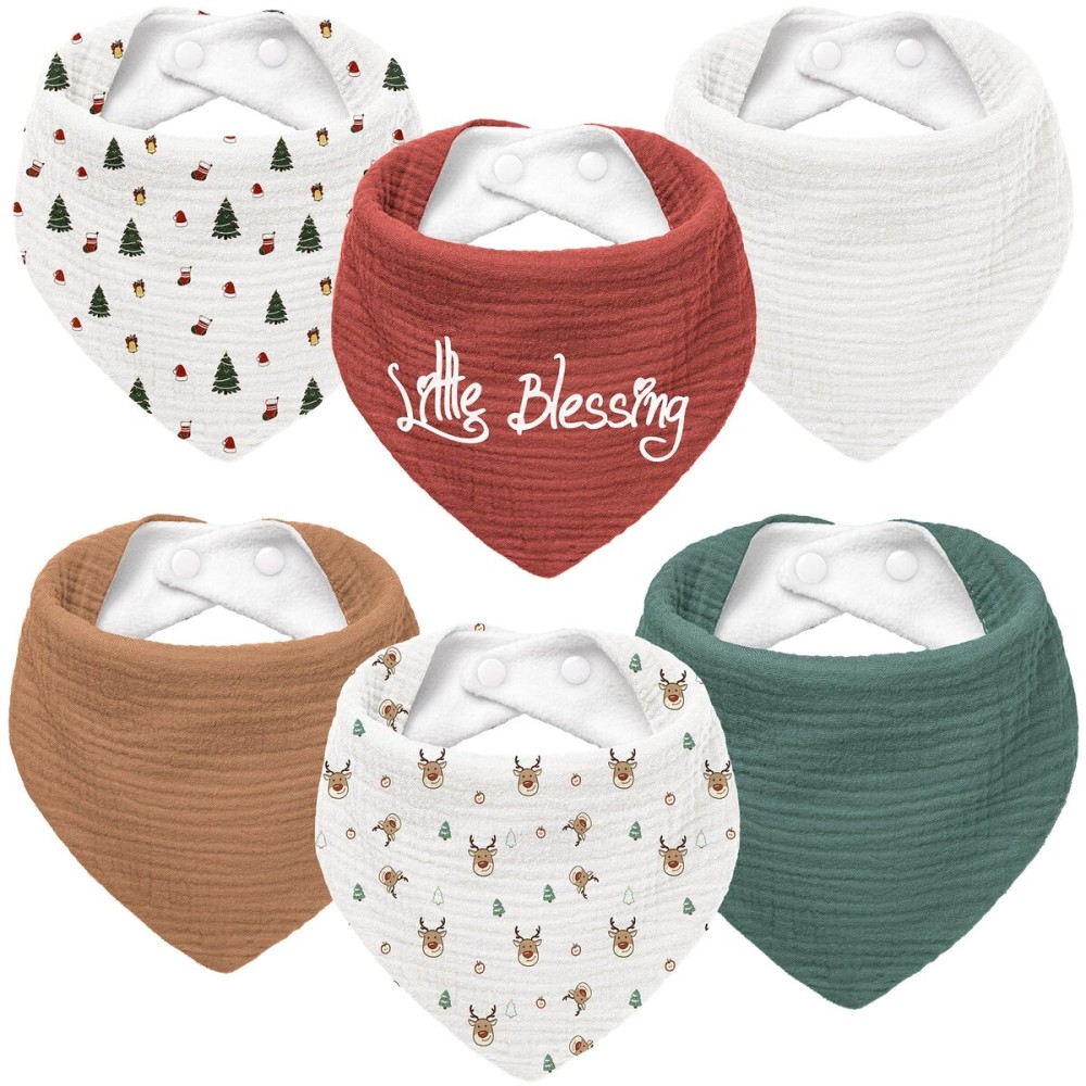Susurration Muslin Baby Drool Bibs 6Pack Soft Triangular Adjustable Baby Bandana Bibs for Unisex Girls & Boys (Merry Christmas)
