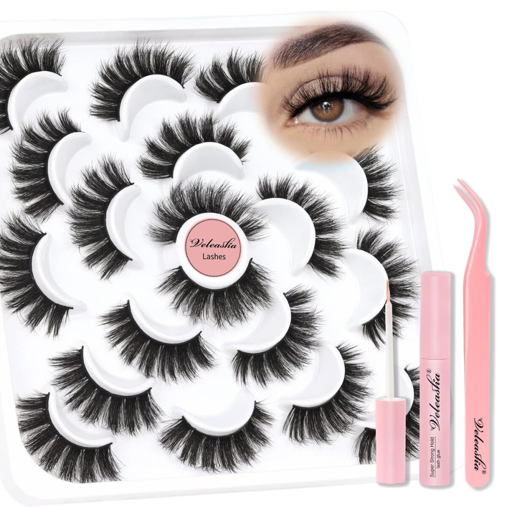 Veleasha Lashes Fluffy False Eyelashes 5D Handmade Faux Mink Lashes 10 Pairs False Lashes Kit with Lash Glue and Lash Tweezers Luxury Volume Fake Eyelashes Cat Eye Lashes Strips (801 Kit)