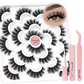 Veleasha Lashes Fluffy False Eyelashes 5D Handmade Faux Mink Lashes 10 Pairs False Lashes Kit with Lash Glue and Lash Tweezers Luxury Volume Fake Eyelashes Cat Eye Lashes Strips (801 Kit)