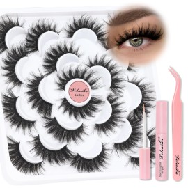 Veleasha Lashes D Curl Fluffy Eyelashes Cat Eye Lashes 5D Volume False Lashes Kit with Lash Glue and Tweezers 10 Pairs Soft False Eyelashes Luxury Fake Eyelashes Wispy Look Like Extensions (D15 Kit)