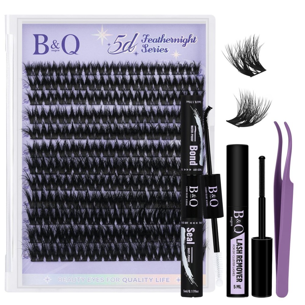 B&Q Lash Clusters Kit Wispy Fluffy - Feath5D 01 Eyelash Clusters Kit with Glue & Tools, Feathered Lightweight Lash Kit, 8-18mm C Curl Waterproof False Lashes