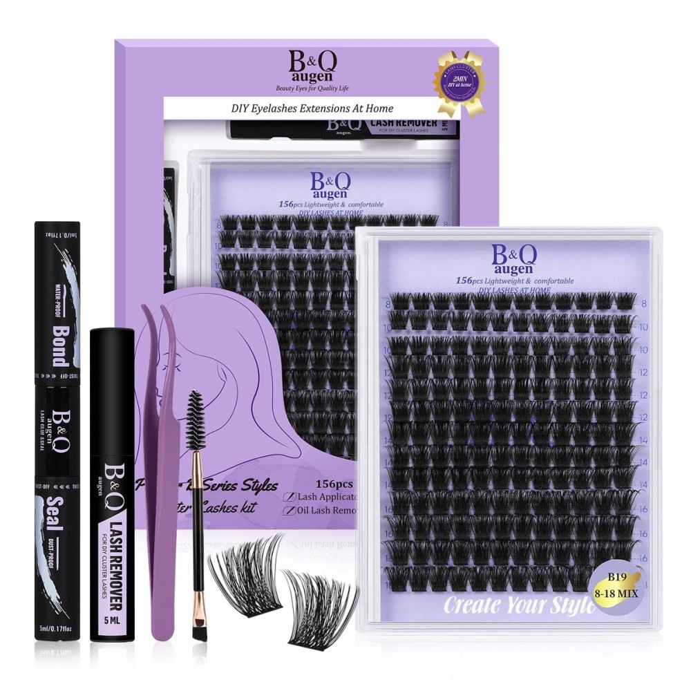 B&Q Wispy Lash Clusters Kit B19, DIY Lash Extension Kit 156PCS Eyelash Extension Kit, Soft Natural Lash Clusters 8-18MIX D Curl Lash cluster, Thin Black Band Cluster Eyelash Extensions (B19 Set)