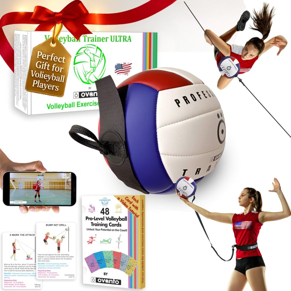 OVANTO Volleyball Training Equipment Aid - Adjustable Practice Hitting Rebounder with Ultra-Stretch Neoprene, Exclusive Elastic Cords & Premium Content, Improve Power, Speed & Technique at All Levels