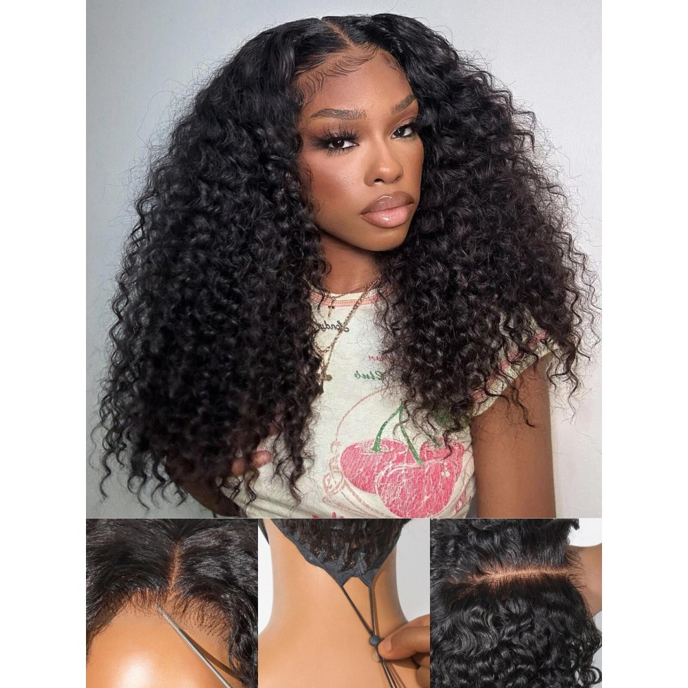 LUVME HAIR 5X5 Kinky Curly 200% Human Hair Wigs Glueless Lace Front 16 Inches Pre Cut Plucked Hd Lace Wig Ready To Go Natural Color Flexi-Fit Drawstring Cap Bleached Knots Black Wigs