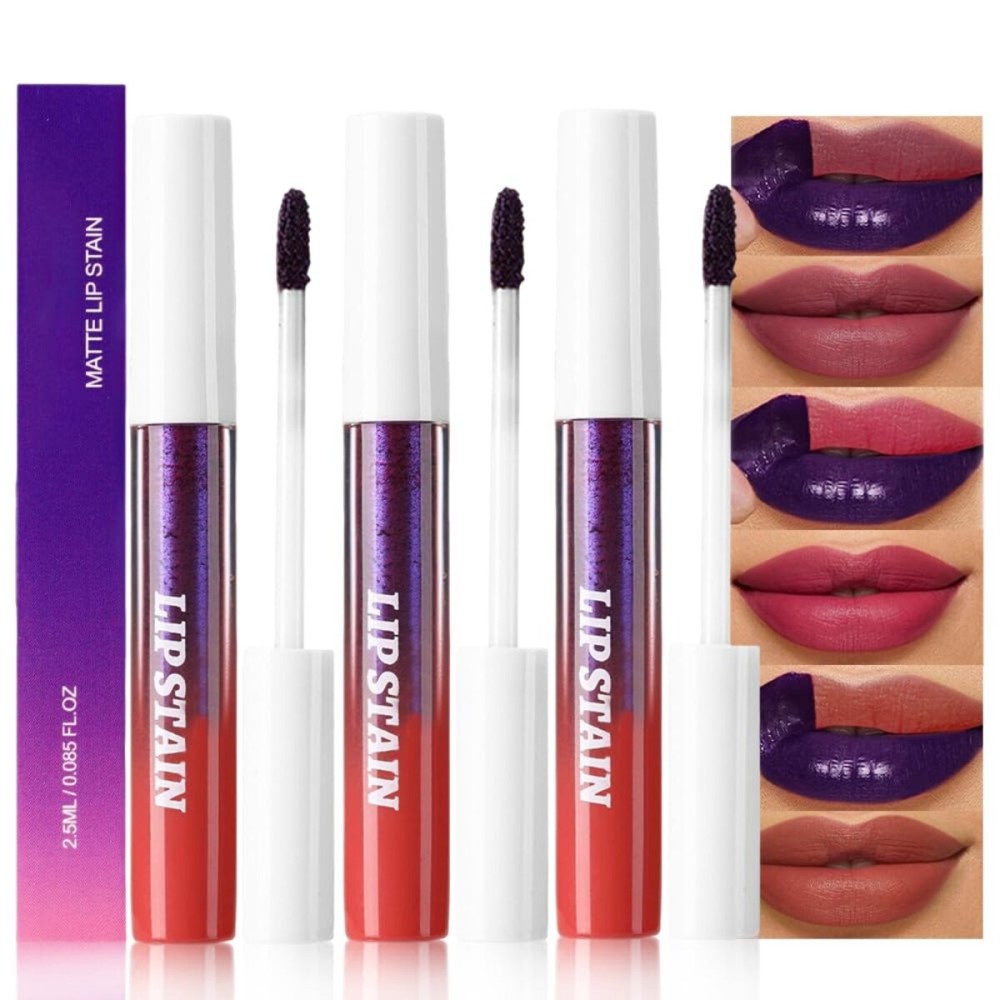 evpct 3Pcs Peel Off Lip Stain Tints, Maroon Mauve Nude Brown Matte Liquid Lipstick Lip Stain Long Lasting Waterproof for Women, Non-stick Cup Lipstick Peel Off Highly Pigmented Smudge-proof Liptint
