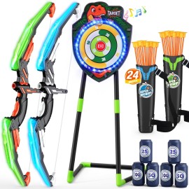 HYES 2 Pack Kids Bow and Arrow, LED Light Up Archery Set with 24 Suction Cup Arrows, Indoor Outdoor Sport Dinosaur Toys Gifts for 3 4 5 6 7 8 9 10 11 12 Year Old Boys Girls