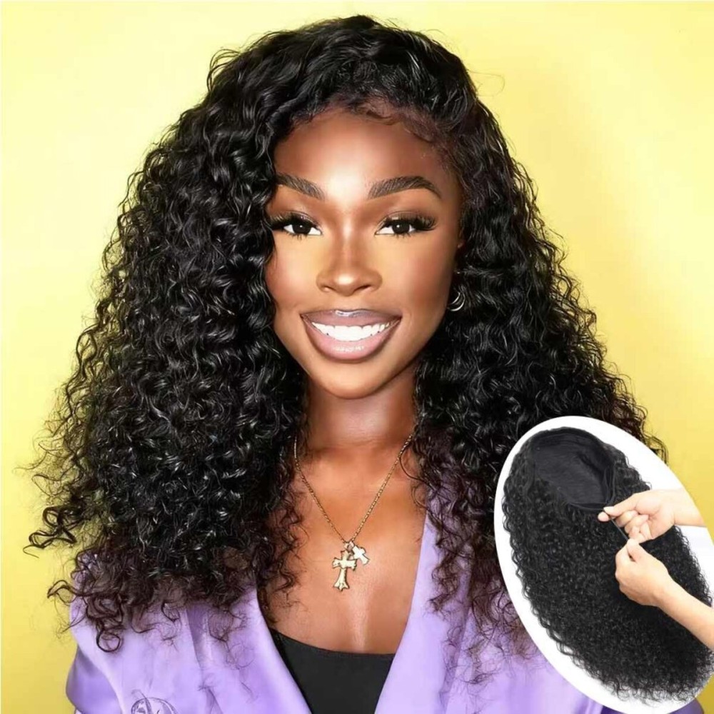 Srakuw Half Wig Human Hair 200 Density Water Wave Wear Go Glueless Wigs Human Hair with Drawstring 3 In 1 Half Wigs for Women Invisible Hairline Beginner Friendly (Half Wig Black Color, 16 Inch)