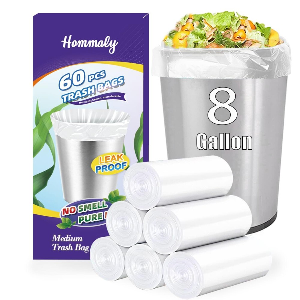 8 Gallon 60pcs Medium Clear Trash Bags Strong Clear Garbage Bags, Bathroom Trash Can Bin Liners, Plastic Bags for Office Home Kitchen, Waste Basket Liner, Fit 30 Liter, 7,8 Gal(8G60-Clear)