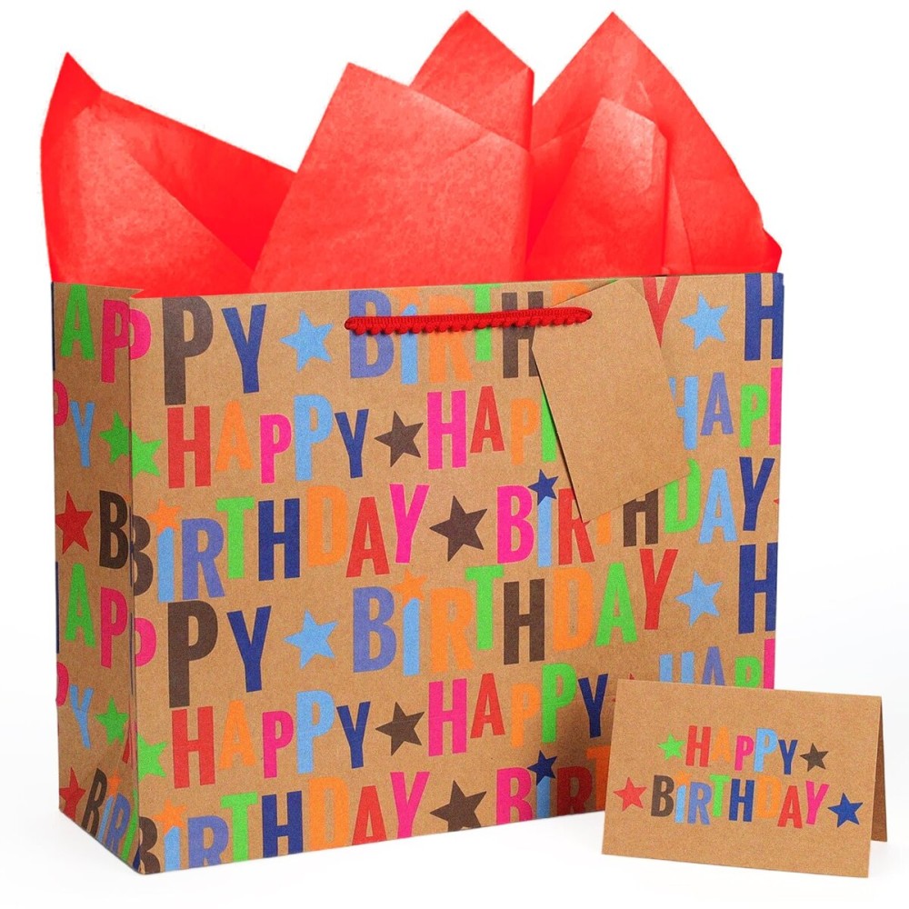 LaRibbons 16.5 Extra Large Kraft Birthday Gift Bag with Tissue Paper and Greeting Card, Colorful Text Happy Birthday and Stars Design, Perfect for Boys, Girls, Kids, Men