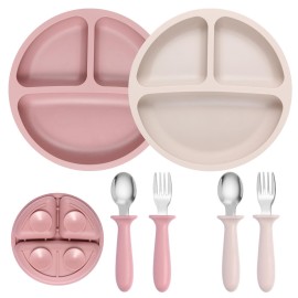 Eascrozn 2 Pack Silicone Divided Baby Plates with Suction, 2 Pack Toddler Forks and Spoons Set, BPA Free, Baby Feeding Set for Toddler Utensils, Microwave and Dishwasher Safe