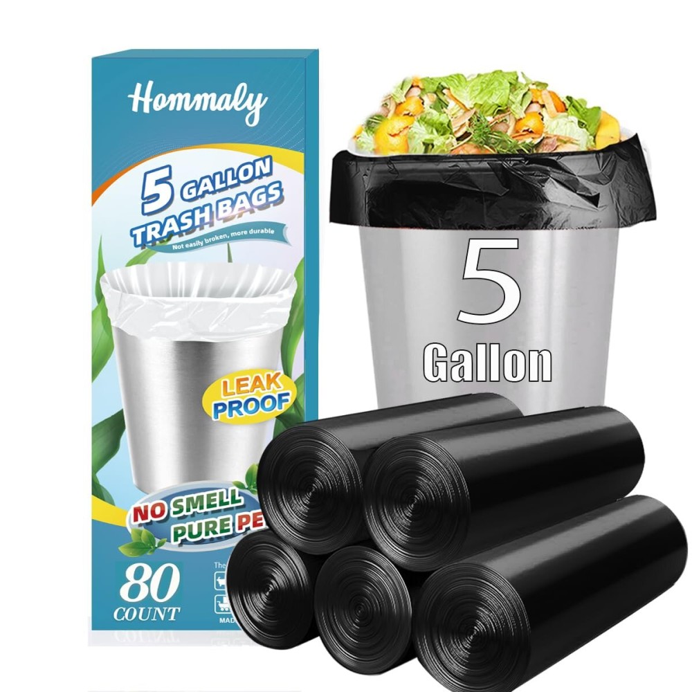 5 Gallon 80pcs (Fit 4.5-5.3 Gal) Small Black Trash Bags Strong Garbage Bags, 18-20 Liter Bathroom Trash Can Bin Liners, Unscented Plastic Bags for Office Home Kitchen, Waste Basket Liner, 5Gal-Black