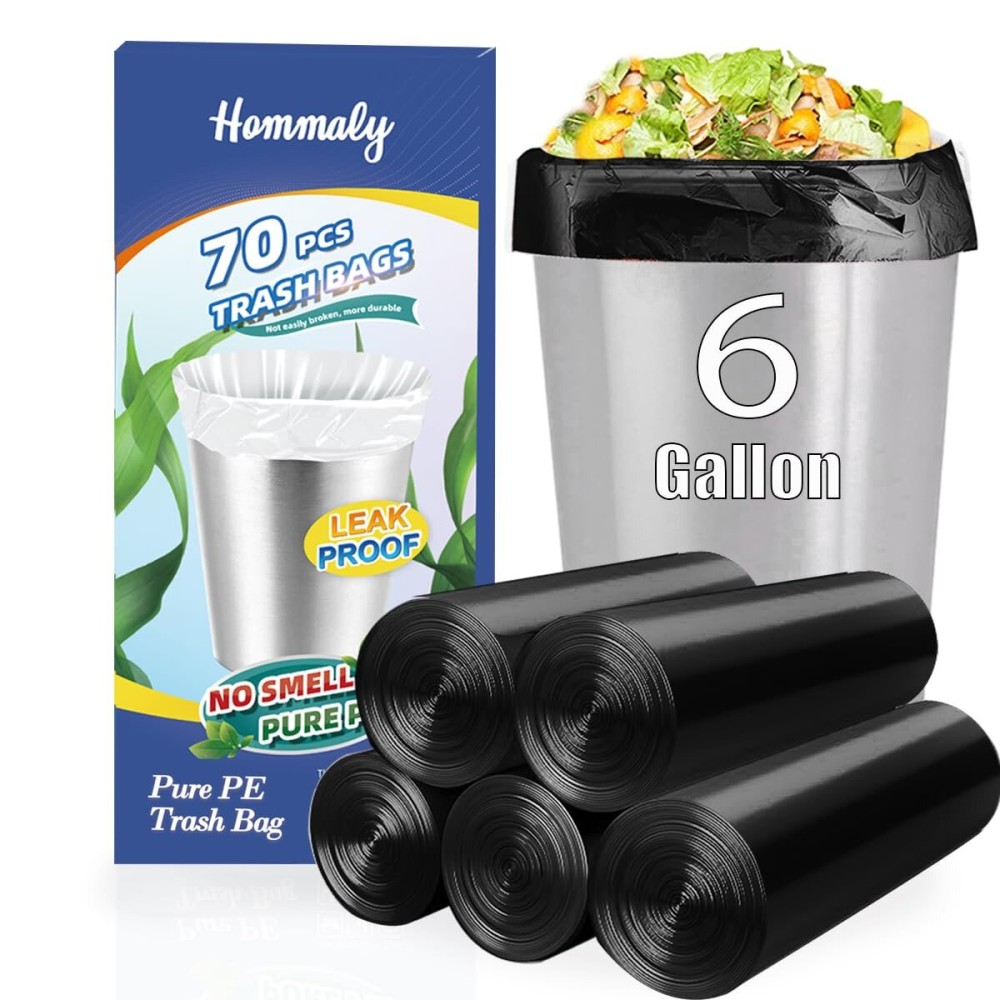 6 Gallon 70 pcs Black Trash Bags Strong Black Garbage Bags, Bathroom Trash Can Bin Liners, Plastic Bags for Office Home Kitchen, Fit 6 gallon,7 gallon Waste Basket Liner 6,7 Gal(6G70-Black)