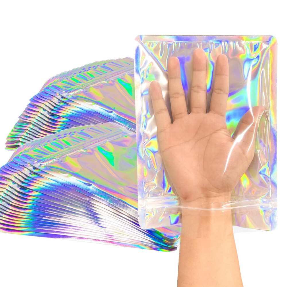YHJZ Holographic Bags 100pcs Mylar Bags 6x8 inches Resealable Bag with Party Favor Bag Coffee Storage for Small Business